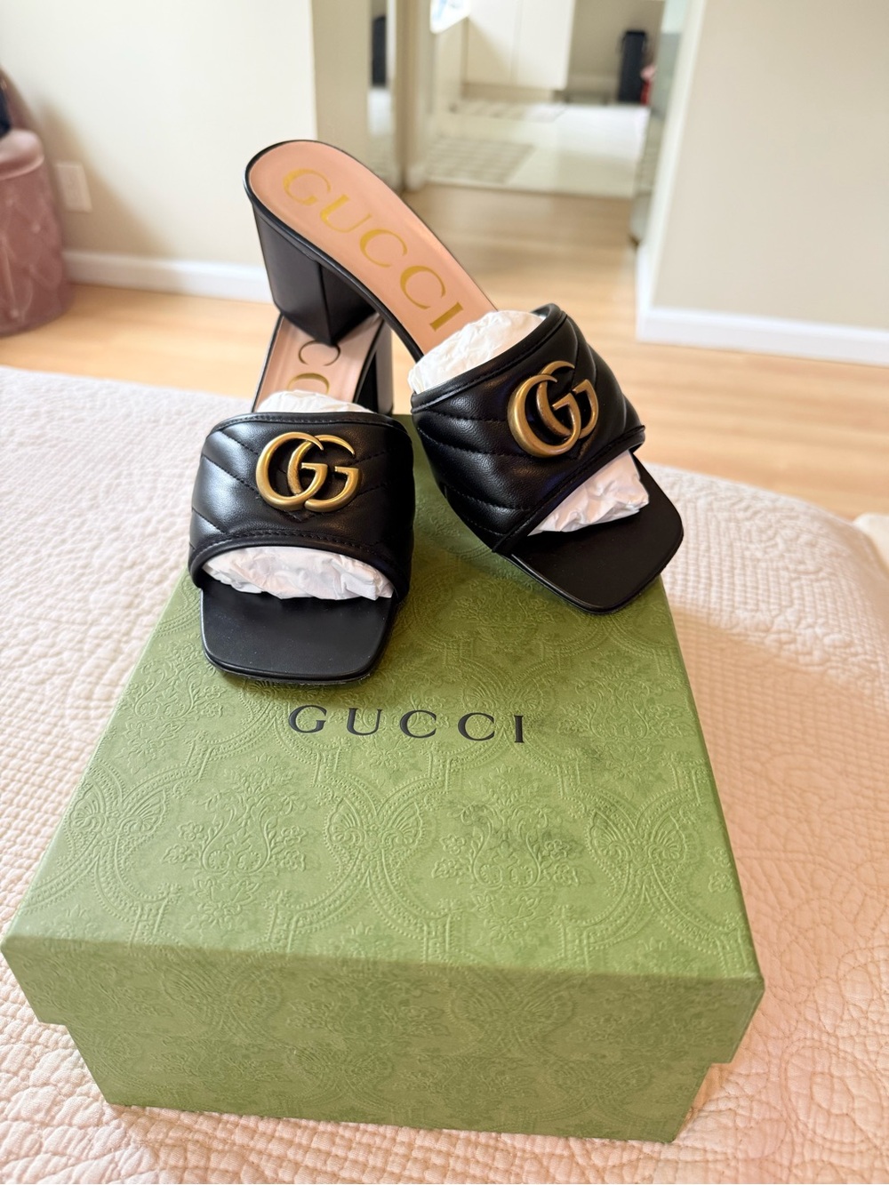 Gucci Black Quilted Leather GG Logo Block Heel Mules